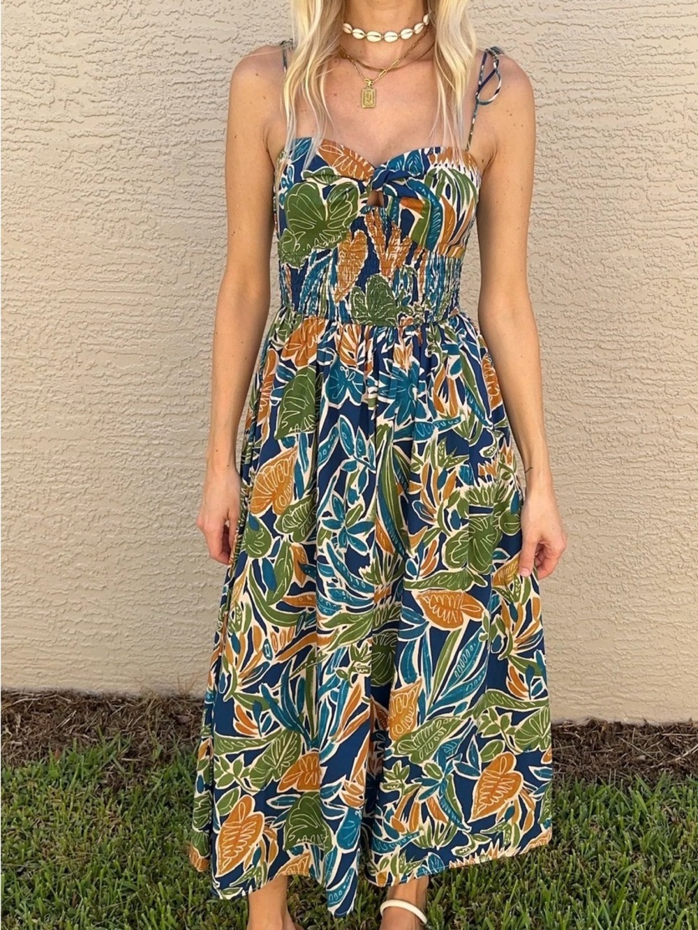 Dress Forum Navy Blue Tropical Midi Dress with Green Leaf Print